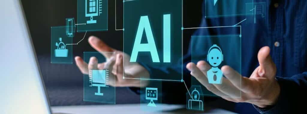 STUDIO FIVE - Intelligent Web Systems: Hands interacting with AI technology visuals