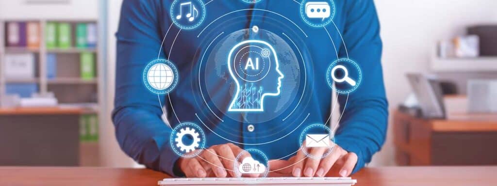 STUDIO FIVE - AI Personalization: Person interacting with AI technology icons.