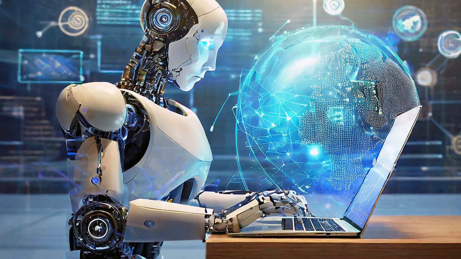 STUDIO FIVE - Having AI Build Your Website: Robot working on a laptop, globe